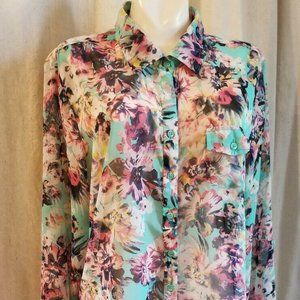 Love Fire Floral Button Up Sheer Blouse  Womens L